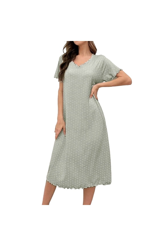 Women's Nightgowns Cozy Short Sleeve Ruffle Edge Midi Night Dress Soft Cute Crew Neck Casual Tunic Sleepwear B-Green