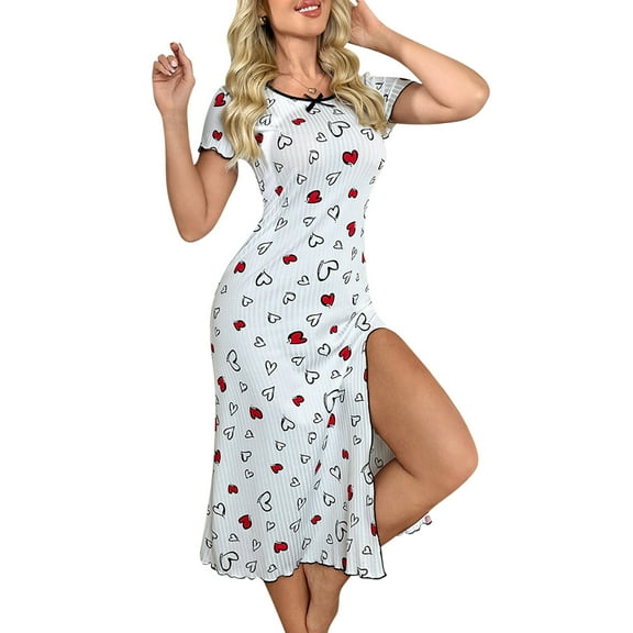 Wyobmus Women's Nightgowns Short Sleeve Bowtie Sleepwear Soft Cozy Side High Slit Sleep Shirt Floral Printed Crewe Neck Nightshirt S-XL B-White