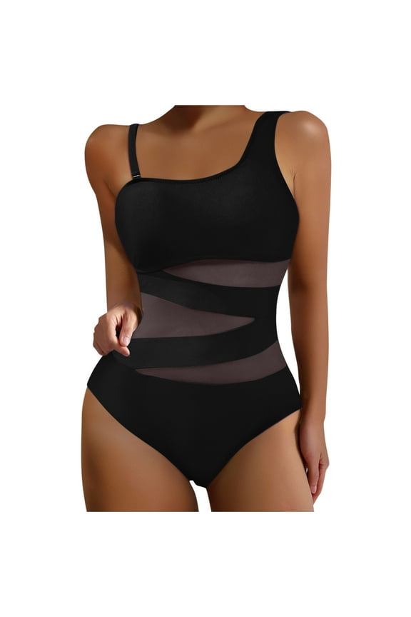 Women's One Piece Bathing Suits One Shoulder Swimsuits See Through Slimming Removable Straps Mesh Swimsuit A-Black