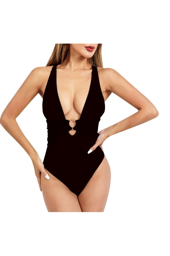 Women's One Piece Swimsuits Deep V Neck Keyhole Cutout O Ring Textured Monokini Bathing Suit Black