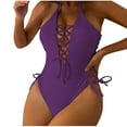 thumbnail image 1 of Wyobmus Women's One Piece Swimsuits Solid Color V Neck Lace Up Swimwear Tummy Control Padded Cheeky Bathing Suit A-Purple, 1 of 3