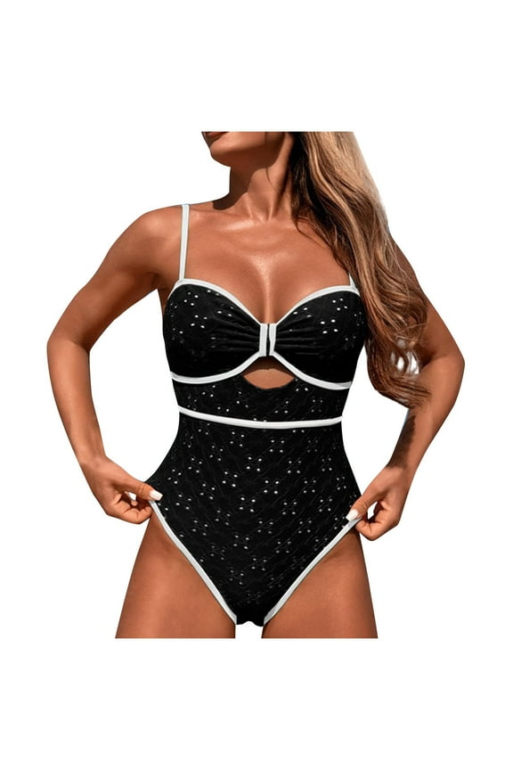 Women's One Piece Swimsuits Spaghetti Straps Bathing Suit Shell Cup Cutout Color Block Modest Swimwear Black