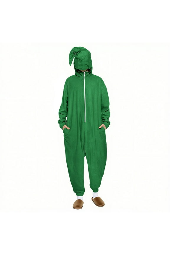 Women's Onesies with Hood Adult Half Zipper Halloween Party Holiday Cosplay Clothes Solid Color Long Sleeve Hooded Jumsuits One-Piece Pajamas A-Green
