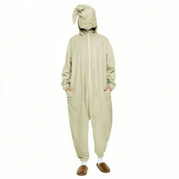 Wyobmus Women's Onesies with Hood Adult Half Zipper Halloween Party Holiday Cosplay Clothes Solid Color Long Sleeve Hooded Jumsuits One-Piece Pajamas C-Beige