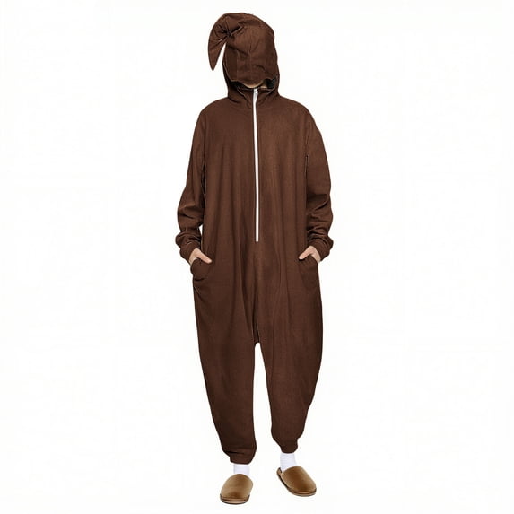 Wyobmus Women's Onesies with Hood Adult Half Zipper Halloween Party Holiday Cosplay Clothes Solid Color Long Sleeve Hooded Jumsuits One-Piece Pajamas C-Brown