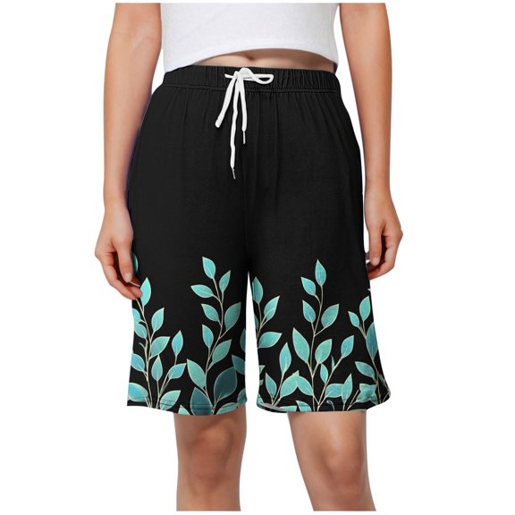 Wyobmus Women's Pajama Short Casual Elastic Waist Drawstring Pj Shorts Novelty Floral Printed Sleeping Bottoms With Side Pockets F-Black
