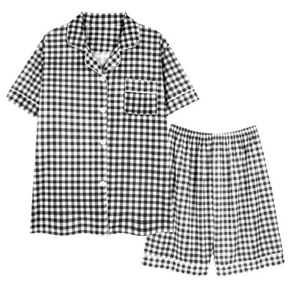 Wyobmus Women's Plaid Pajama Set 2 Piece Sleeping Suit Short Sleeve Lapel Collar Button Tops Elastic Waist Short Pj Sets Black