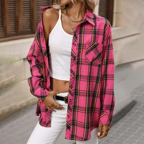 Wyobmus Women's Plaid Shirt Long Sleeve Button Down Shacket Regular Fit Casual Work Shirts Lightweight Flannel Shirts with Pocket G-Hot Pink