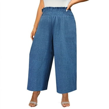 Wyobmus Women's Plus Size Capris Pants Loose Wide Leg Pants Solid High Waist Straight Leg Casual Pants Blue