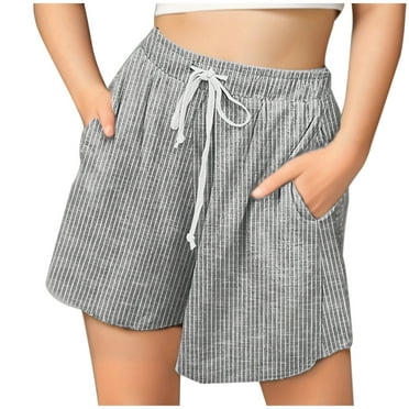 Wyobmus Women's Plus Size Causal Drawstring Shorts Elastic Waisted Lounge Shorts With Slant Pockets Striped Athletic Workout Knee Length Shorts C-Gray