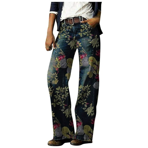 Wyobmus Women's Plus Size Denim Pants Fashion Comfy Floral Printed Straight Leg Casual Jeans A-Gray