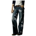 thumbnail image 1 of Wyobmus Women's Plus Size Denim Pants Fashion Comfy Floral Printed Straight Leg Casual Jeans A-Navy, 1 of 3