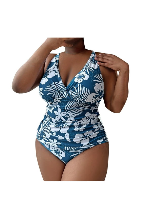 Women's Plus Size One Piece Swimsuit V Neck Tummy Control Bathing Suit Ditsy Floral Print Crossback Slimming Beachwear L-5Xl A-Blue
