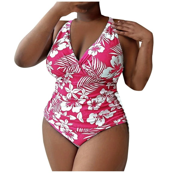 Wyobmus Women's Plus Size One Piece Swimsuit V Neck Tummy Control Bathing Suit Ditsy Floral Print Crossback Slimming Beachwear L-5Xl A-Pink