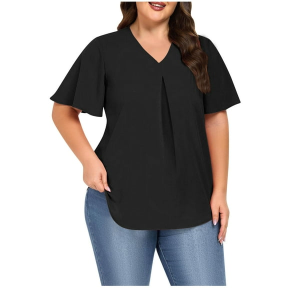 Wyobmus Women's Plus Size Shirts Loose Fit Bell Short Sleeve Tops Stretch Casual Solid V Neck Front Pleat T-Shirt Black
