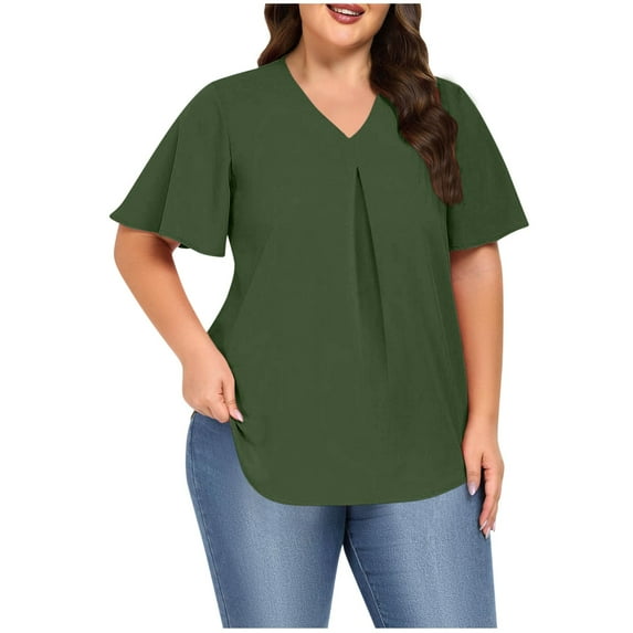 Wyobmus Women's Plus Size Shirts Loose Fit Bell Short Sleeve Tops Stretch Casual Solid V Neck Front Pleat T-Shirt Olive Green