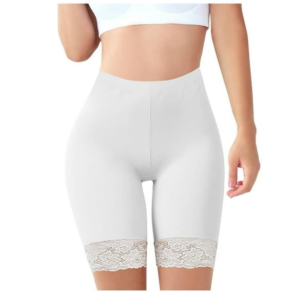 Wyobmus Women's Plus Size Under Shorts for Dresses Ice Silk Tummy Control Panties Seamless Anti-Chafe Underwear Wave Edge Boyshorts Lace Slip Shorts for Women C-White