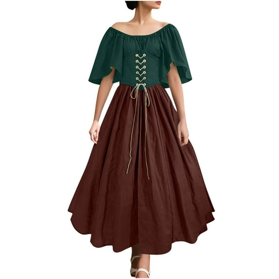Wyobmus Women's Plus Size Victorian Dress Flutter Short Sleeve Off Shoulder Renaissance Dress Lace Up Corset Medieval Court Ball Gown Brown