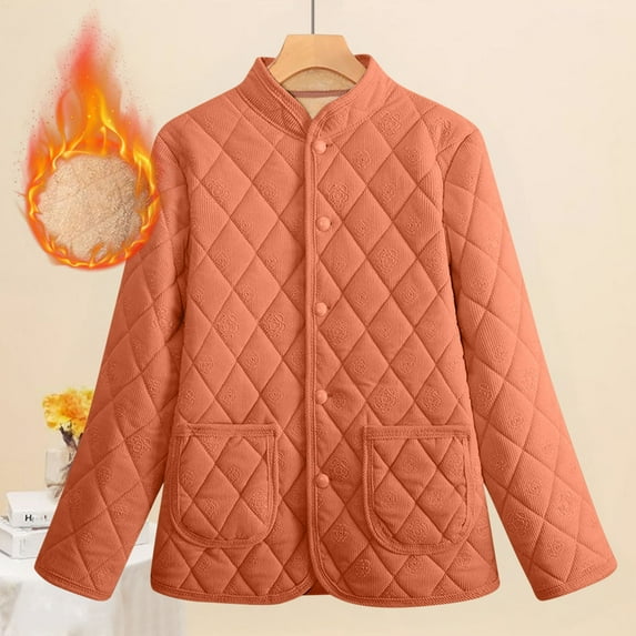 Wyobmus Women's Quilted Jacket Mock Neck Button Down Puffer Padded Winter Coat Thickened Corduroy Jacket Warm Loungewear Sleepwear with Pockets A-Orange