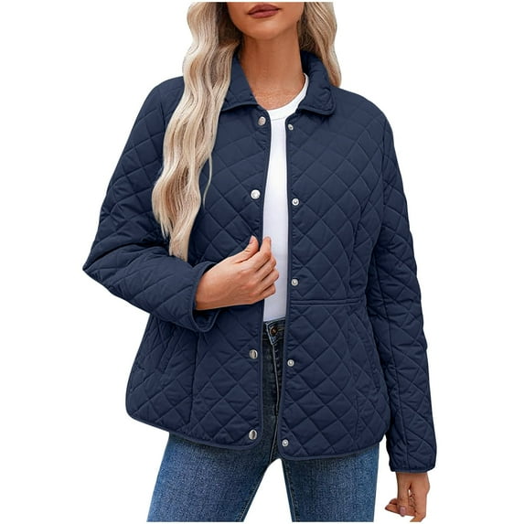 Wyobmus Women's Quilted Lightweight Jackets Long Sleeve Button Down Puffer Jacket Warm Winter Outerwear Coats with Pockets A-Navy