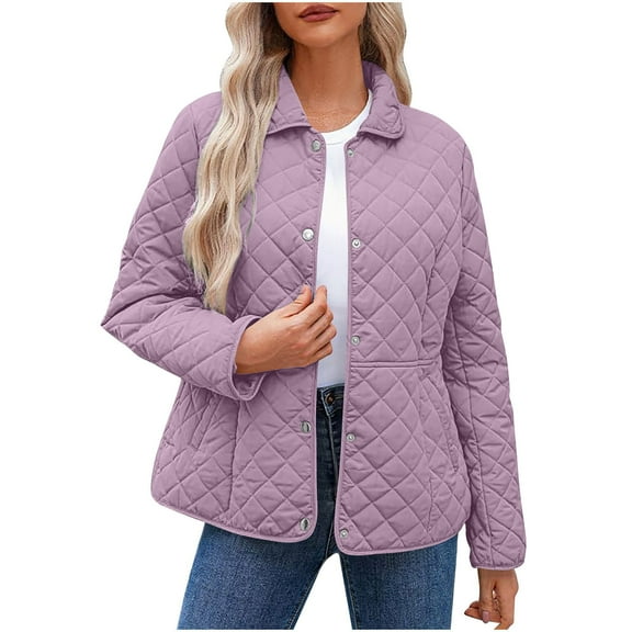 Wyobmus Women's Quilted Lightweight Jackets Long Sleeve Button Down Puffer Jacket Warm Winter Outerwear Coats with Pockets B-Purple