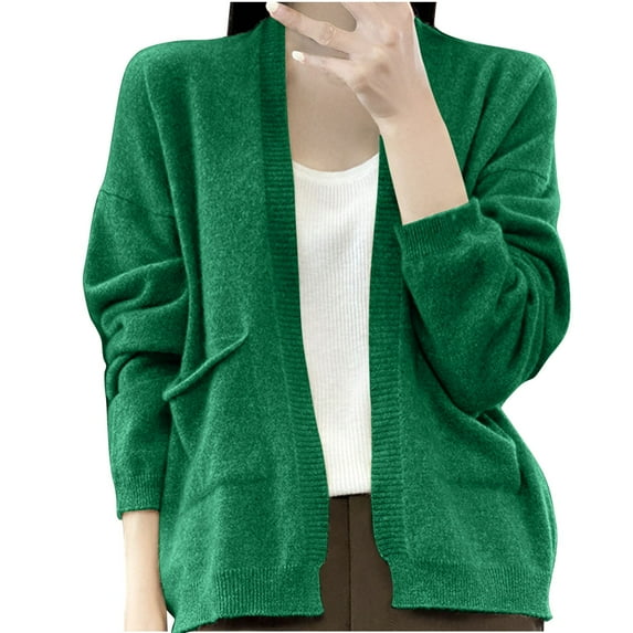 Wyobmus Women's Regular Fit Cardigan Sweater Winter Casual Solid Color Long Sleeve Short Knitted Cardigan Fashion Wool Blended Shawl Coat With Pockets A-Green