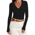 thumbnail image 1 of Wyobmus Women's Ribbed Scoop Neck Top Long Sleeve Stretch Knit T-Shirt Slim Fit Casual Basic Tee Shirts Casual Spring Summer Clothes B-Black, 1 of 9