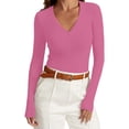 thumbnail image 1 of Wyobmus Women's Ribbed Scoop Neck Top Long Sleeve Stretch Knit T-Shirt Slim Fit Casual Basic Tee Shirts Casual Spring Summer Clothes B-Pink, 1 of 8