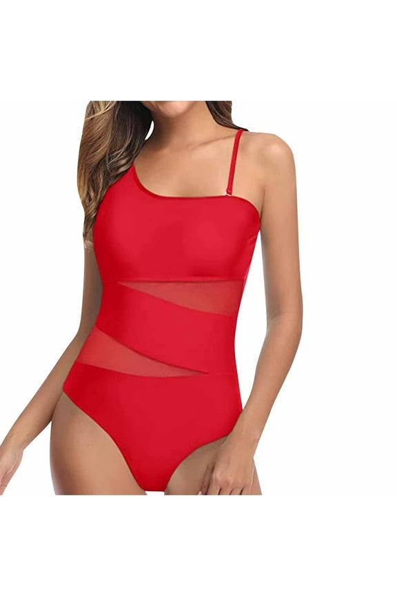 Women's Ruffle Trim Cut Out One Piece Swimsuit Tummy Control Monokini Bathing Suits Solid Color Slimming Mesh Sheer Swimwear B-Red