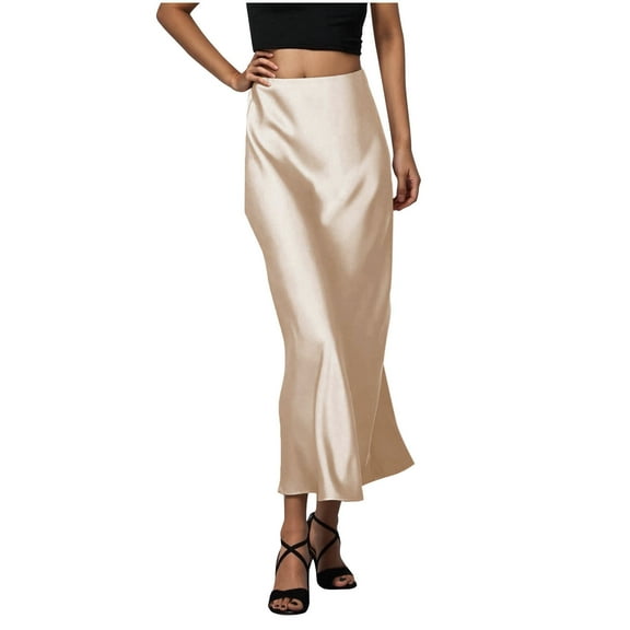 Wyobmus Women's Satin High Waist Maxi Skirt Elegant Hidden Side Zipper Elastic Waist Flared A Line Midi Skirts C-Beige