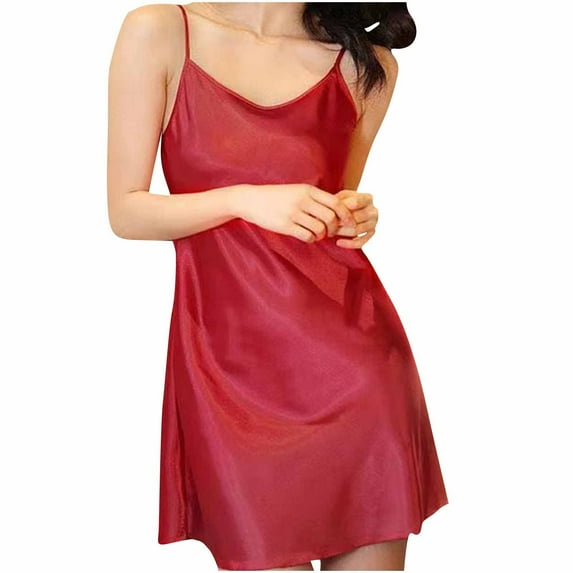 Wyobmus Women's Satin Nightgown Babydoll Lingerie Dress Soft Adjustable Spaghetti Strapes V Neck Nightdress Burgundy