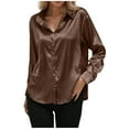 thumbnail image 1 of Wyobmus Women's Satin Silk Button Down Shirt Long Sleeve Dress Shirt Regular Fit Wrinkle-Free Business Work Shirt Turndown Collar Formal Shirts,S-2XL,Brown, 1 of 6