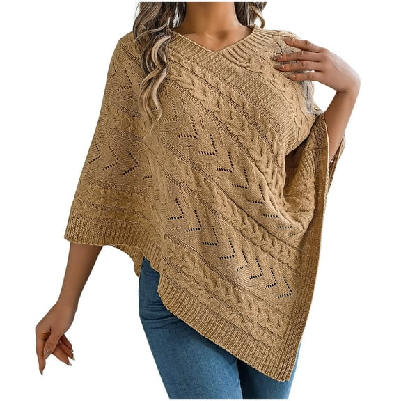 Wyobmus Women's Shawl Wraps Knitted Shawl Solid Color V-Neck Striped Poncho Sweater Pullover Cloak Khaki