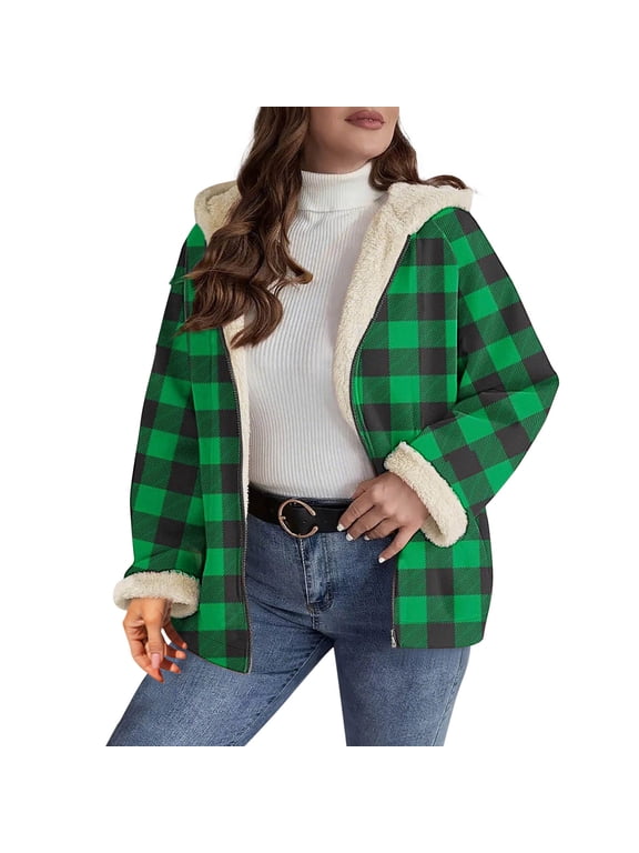 Women's Sherpa Lined Plaid Flannel Jacket Full Zip Hooded Flannel Shirt Jacket Fleece Lined Warm Coat with Pockets A-Green