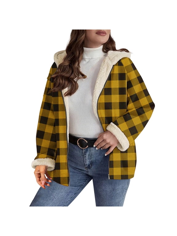 Women's Sherpa Lined Plaid Flannel Jacket Full Zip Hooded Flannel Shirt Jacket Fleece Lined Warm Coat with Pockets A-Yellow