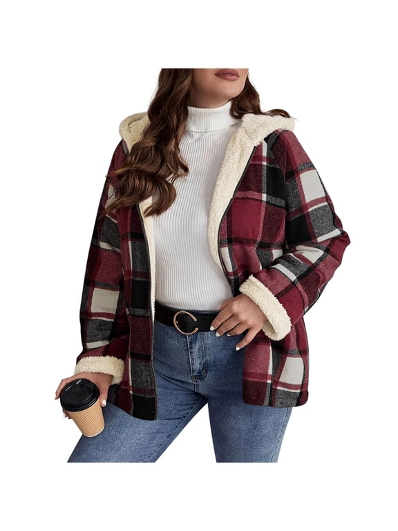 Women's Sherpa Lined Plaid Flannel Jacket Full Zip Hooded Flannel Shirt Jacket Fleece Lined Warm Coat with Pockets B-Hot Pink