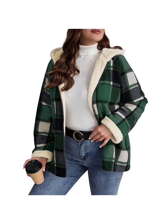 Women's Sherpa Lined Plaid Flannel Jacket Full Zip Hooded Flannel Shirt Jacket Fleece Lined Warm Coat with Pockets B-Olive Green