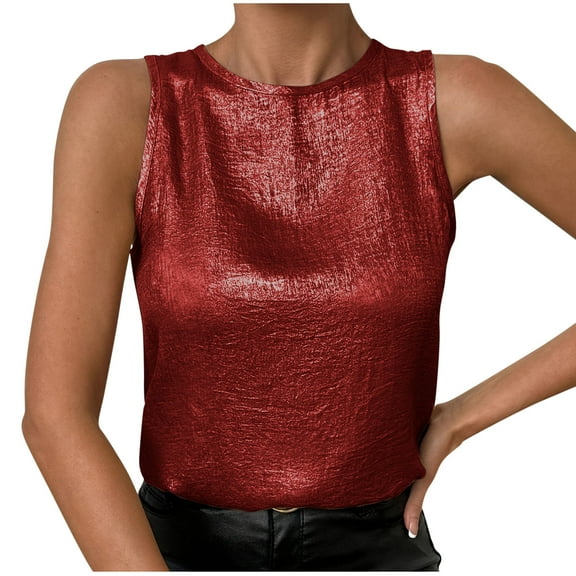 Wyobmus Women's Shiny Tank Top Solid Color Velvet Round Neck Sleeveless Casual Summer Tops Button Back Wedding Vest Burgundy