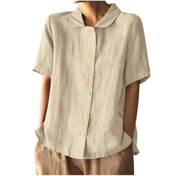 Wyobmus Women's Short Sleeve Cotton Linen Shirts Casual Cute Double Breasted Tees Summer Button Down V Neck Collared T Shirts Beige