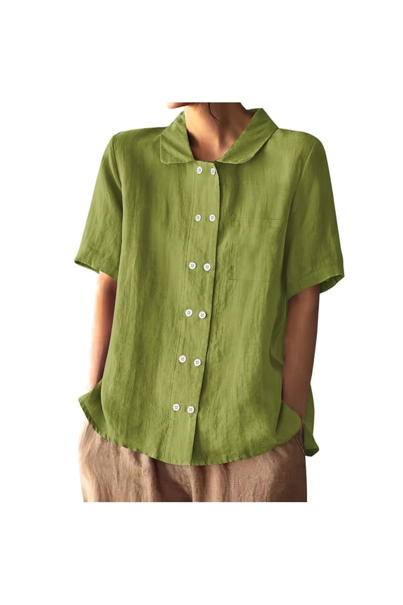 Women's Short Sleeve Cotton Linen Shirts Casual Cute Double Breasted Tees Summer Button Down V Neck Collared T Shirts Green
