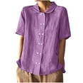 thumbnail image 1 of Wyobmus Women's Short Sleeve Cotton Linen Shirts Casual Cute Double Breasted Tees Summer Button Down V Neck Collared T Shirts Purple, 1 of 9