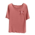 thumbnail image 1 of Wyobmus Women's Short Sleeve Pajama Tops Comfy Round Neck Solid Color Cotton Bowtie Sleep Shirt Casual Short Sleeve Wave Trim Base Shirt Homewear Pink, 1 of 3