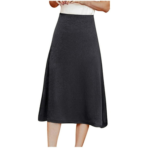 Wyobmus Women's Silk Satin A Line Skirt Midi Long Length Solid Color Elastic Waist Elastic Skirts Black