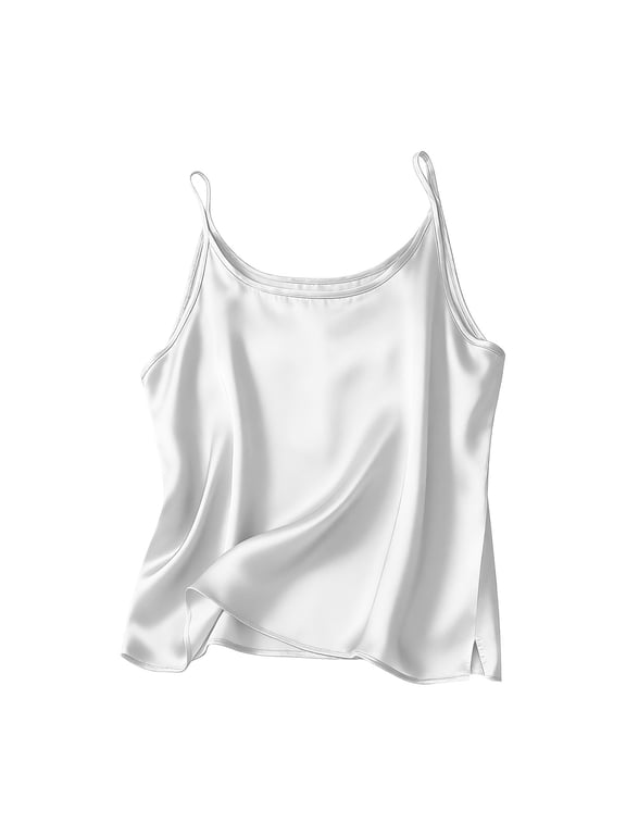 Women's Silk Satin Tank Tops Spaghetti Strap Side Split Camisole Crew Neck Sleeveless Blouses Summer Basic Tan Shirts B-White