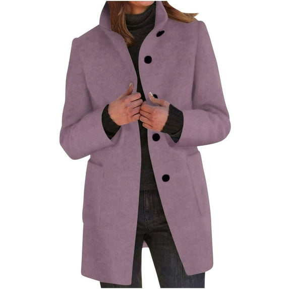 Wyobmus Women's Single Breasted Peacoat Plus Size Jcaket Wool Blend Stand Collar Mid Long Trench Coat Purple