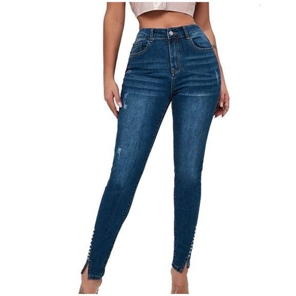 Wyobmus Women's Skinny Boootcut Denim Pants Casual Slim High Waist Slit Hem Jeans Blue