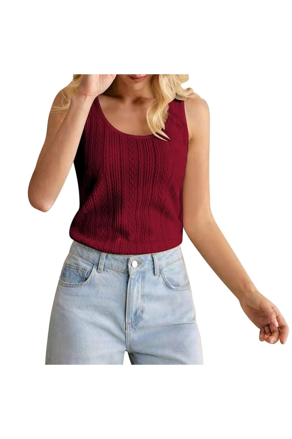 Women's Sleeveless Tank Tops Soft Ribbed Knitted Scoop Neck Crop Tops Solid Color Fitted Basic Cami Tee Shirts Burgundy