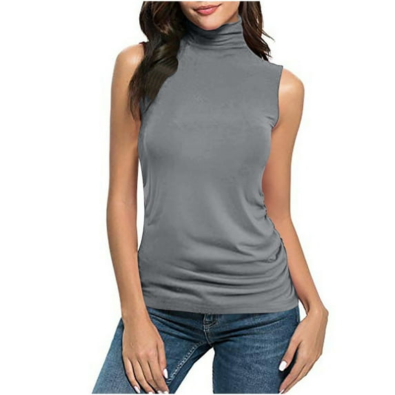 Wyobmus Women's Sleeveless Tank Tops Turtle Neck Casual Tank Shirt Plain Tunic Blouse Stretch Loose Fitted Underwear Basic Tee Tops S-5X A-Gray