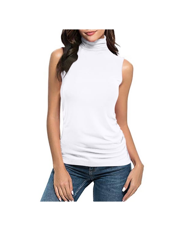 Women's Sleeveless Tank Tops Turtle Neck Casual Tank Shirt Plain Tunic Blouse Stretch Loose Fitted Underwear Basic Tee Tops S-5X B-White