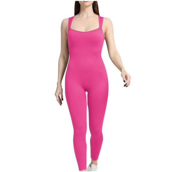 Wyobmus Women's Slim Fit Yoga Jumpsuits Comfort Solid Color Stretch Sleeveles One Piece Pants for Ahtletic Workout Running Hot Pink